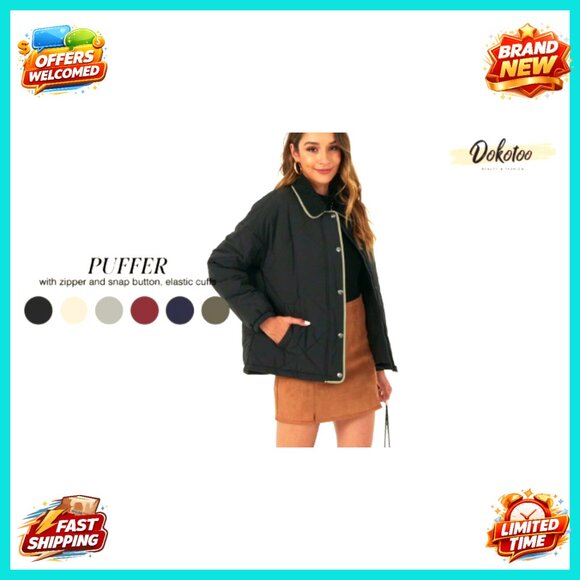 Quilted Puffer Jacket Casual Oversized Chic Winter Outerwear Snap Front - Picture 5 of 6